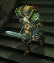 Female Barbarian rendered by the Diablo III engine with armor equipped.