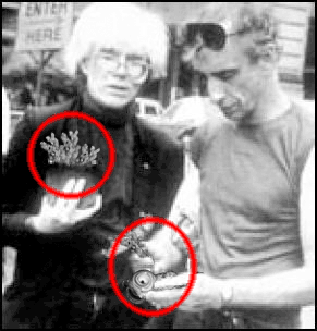 Stuart Pivar & Andy Warhol preparing to smoke marijuana