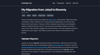 This post rendered on sholsinger.com in dark mode, showing the header, title, tag pills, and the opening paragraphs