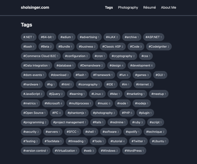 The tags index page in dark mode, showing every tag as a rounded pill with its post count