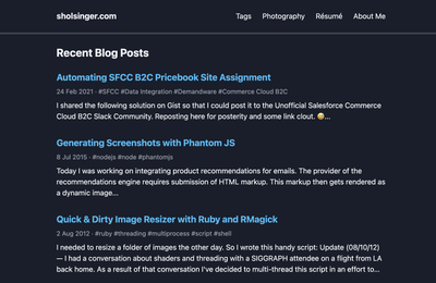 The sholsinger.com home page in dark mode, listing recent blog posts with titles, dates, tags, and excerpts